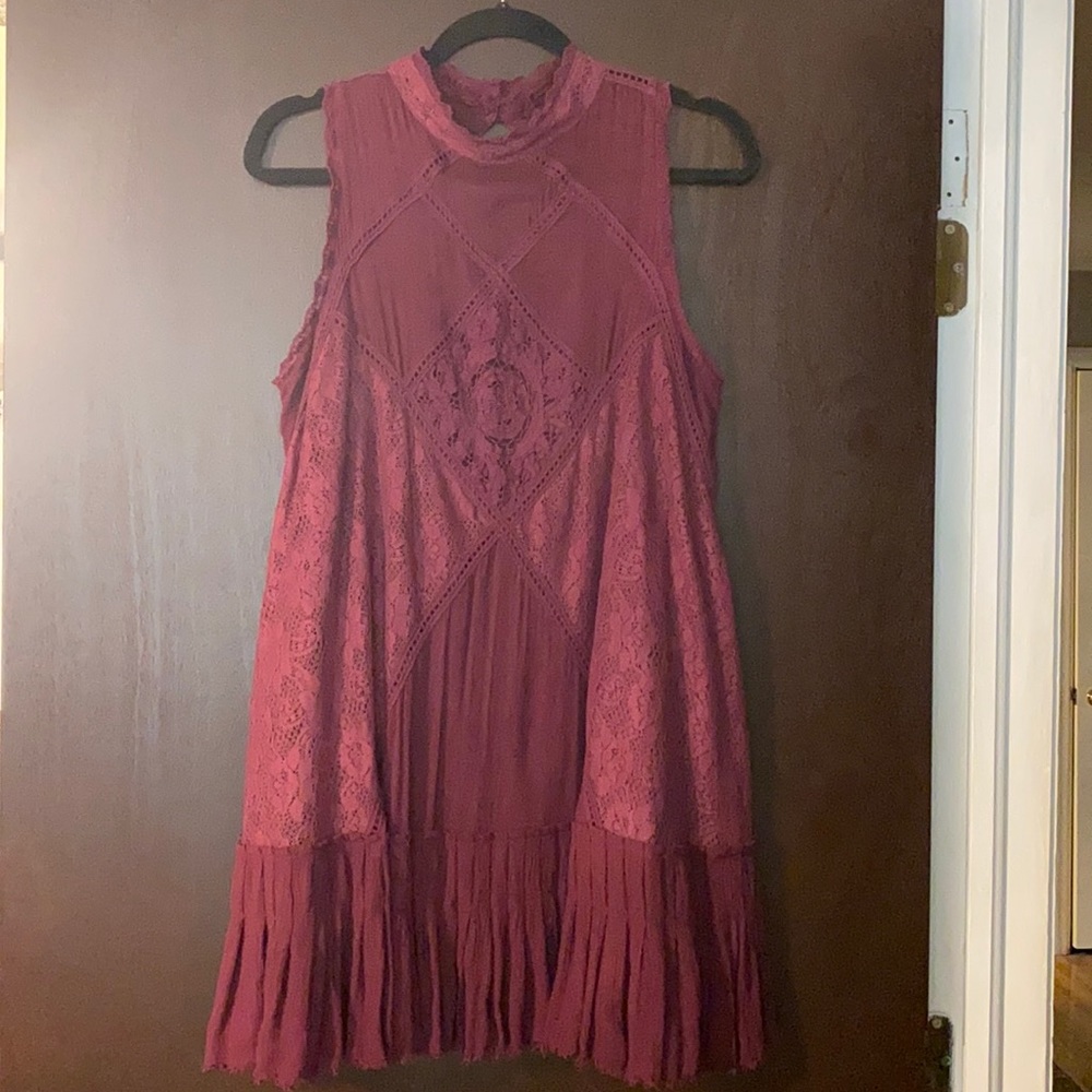 Free People Cranberry Lace & Ruffled top